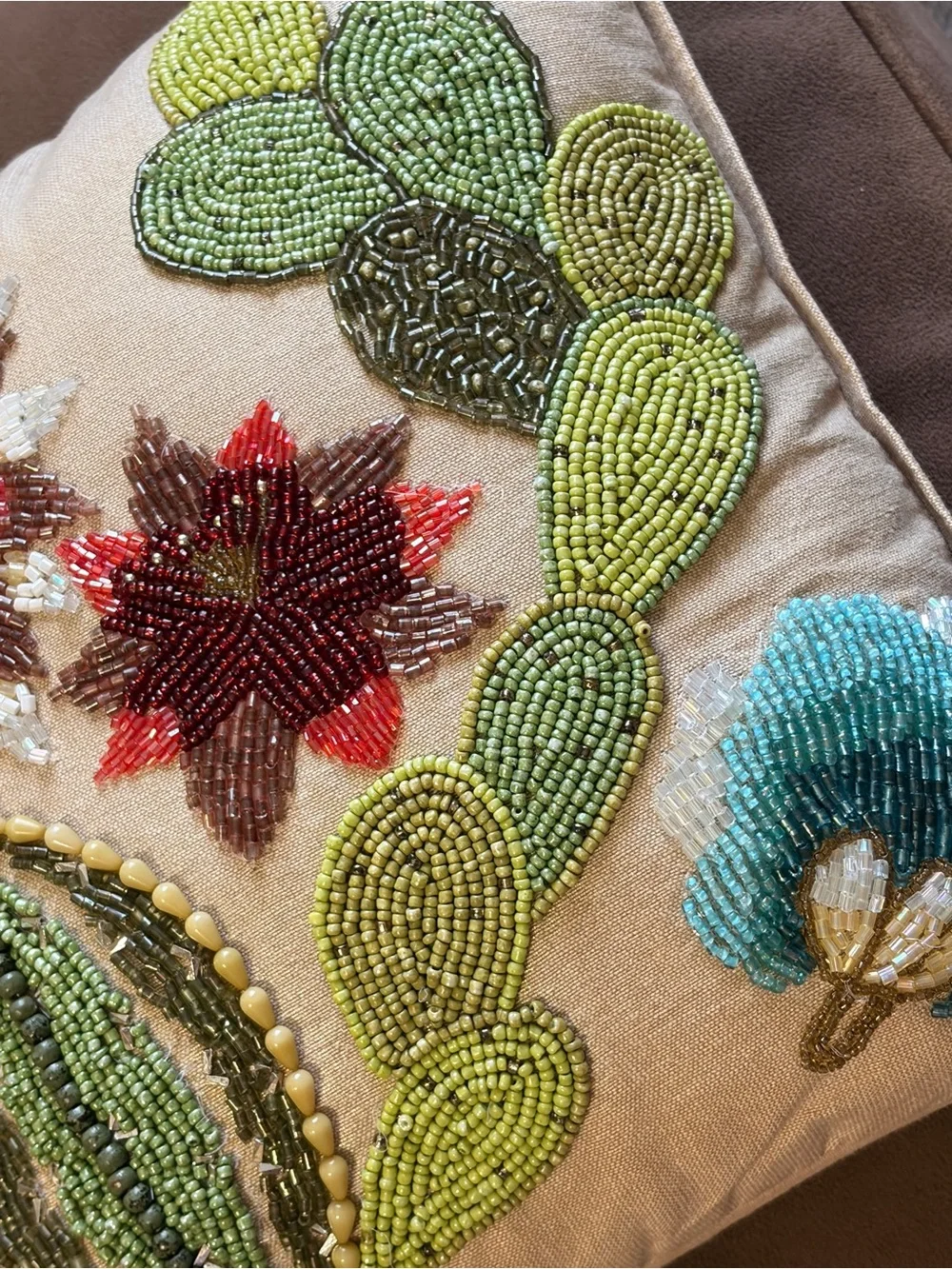 PIER 1 Beaded Cactus Floral Decorative Pillow - Tan Background  12